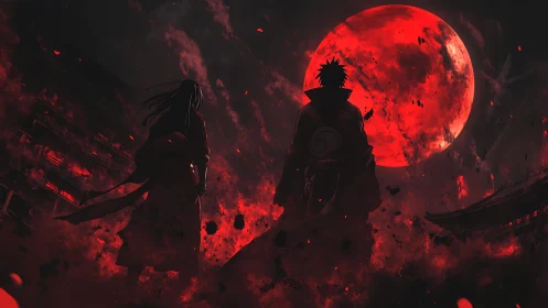 Anime red moon confrontation with backlit dual silhouettes.