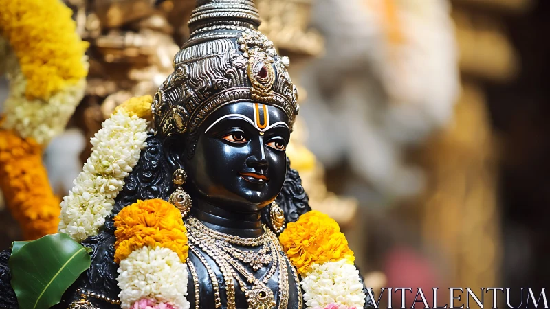 Radiant temple deity adorned with golden blooms and jewels.