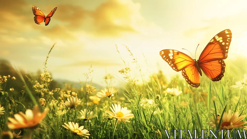 Sunlit butterflies drift gently above a warm spring meadow