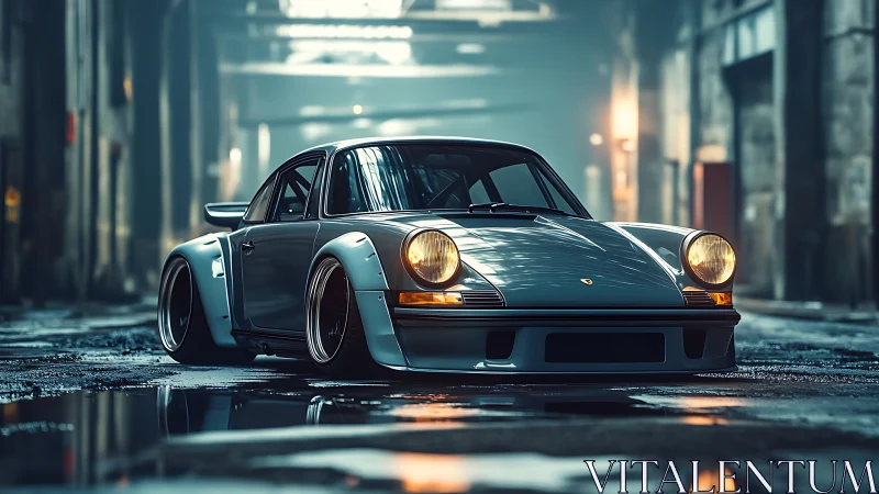 Lowered classic sports coupe is parked in a damp industrial hall