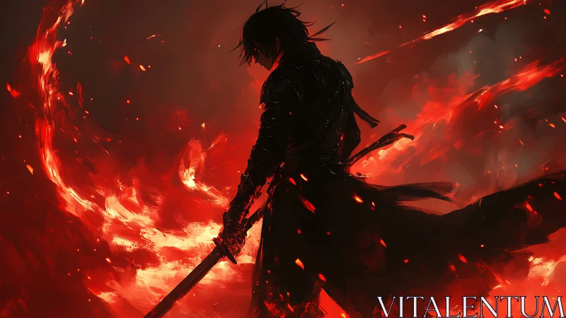 Flame-shadowed swordsman carving inferno arcs through night.