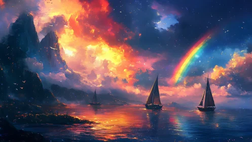 Sailing beneath wildfire skies and a dream-bright rainbow.