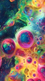 Neon bubble galaxies drift through a swirling liquid cosmos