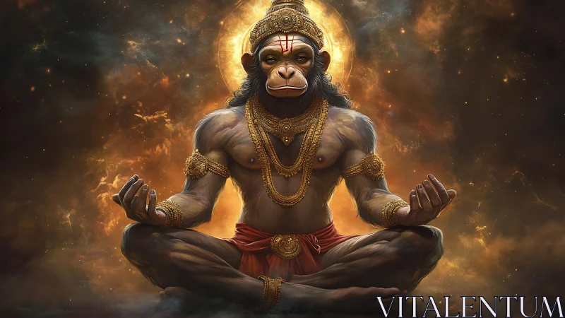 Divine simian yogi meditating in cosmic firelit nebula halo