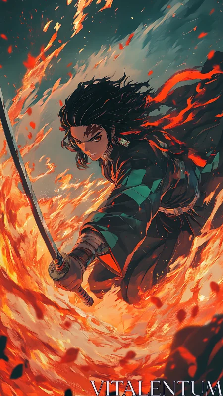 Fiery sword dancer leaping through swirling embers of night.