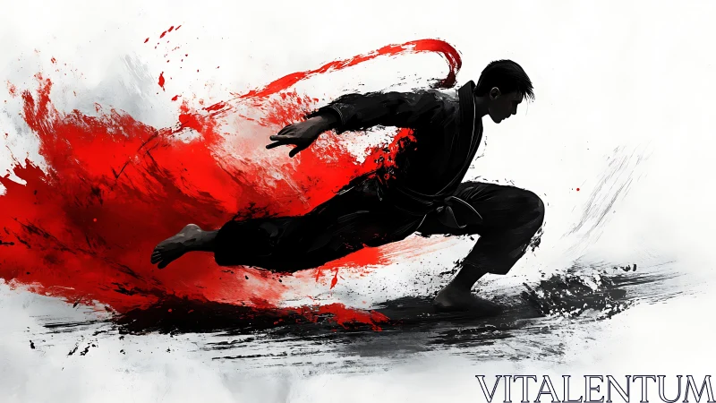 Martial artist silhouette bursting through red ink storm.