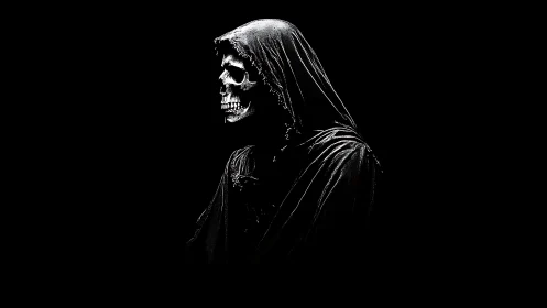 Lateral skeletal reaper profile under high contrast lighting.