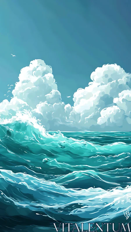 Digital seascape with cresting teal waves under cumulus sky.