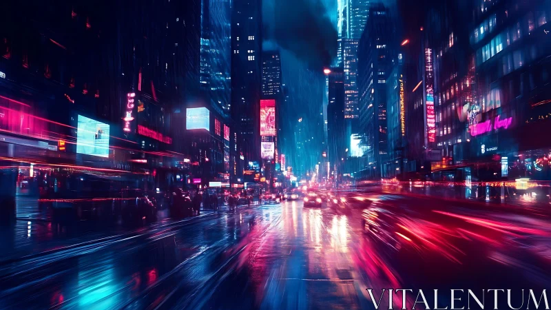 Neon rainstorm racing through a sleepless cyber cityscape.