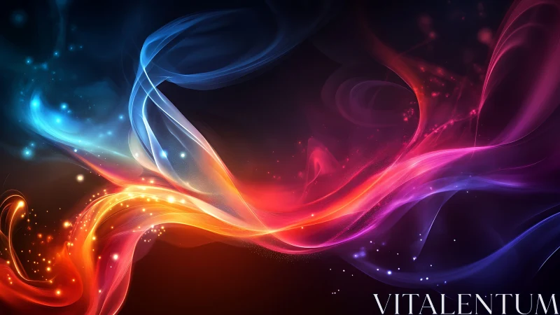 Colorful light streaks curve across dark digital background