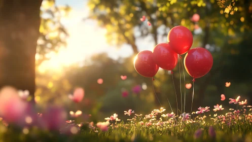 Red Balloons Dancing in Golden Sunlight.