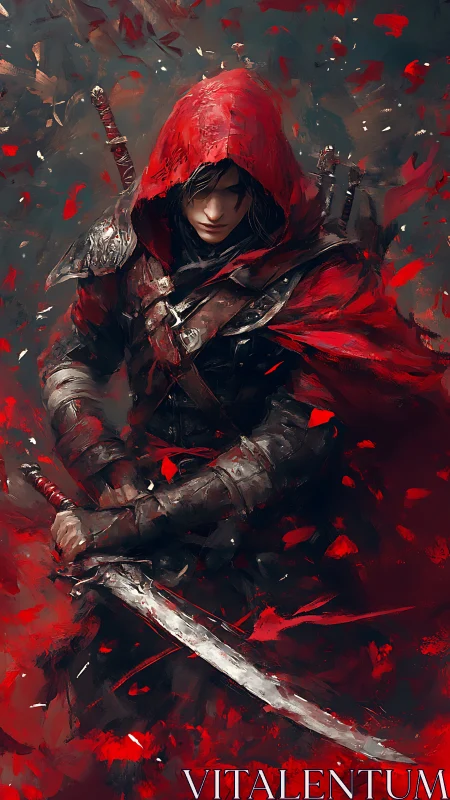 Hooded figure holds a sword amid dynamic red brushstrokes