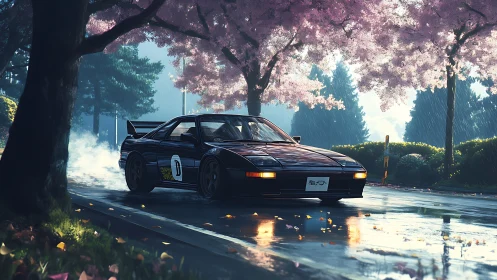 Drift-tuned midnight coupe under rain-soaked cherry blossoms.