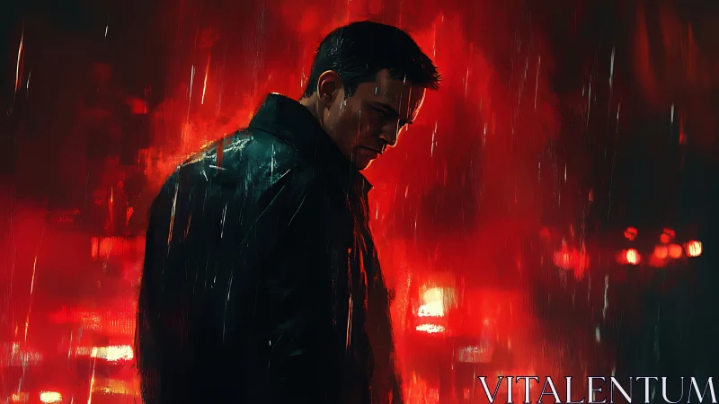 Brooding man in neon rain against red urban glow.