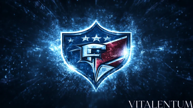 Shield emblem with stylized letter G rendered in blue light