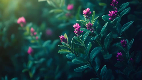 Sunlit magenta buds glow gently against deep green foliage.