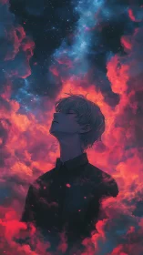 Solitary figure stands amid red cloud field under star belt