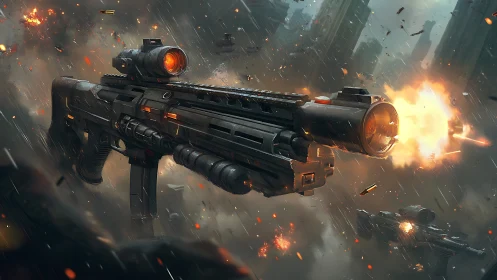 Futuristic battle rifle blazes through a dramatic stormy sky