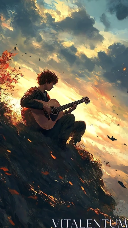 Boy with guitar on cliff edge under vivid sunset sky.