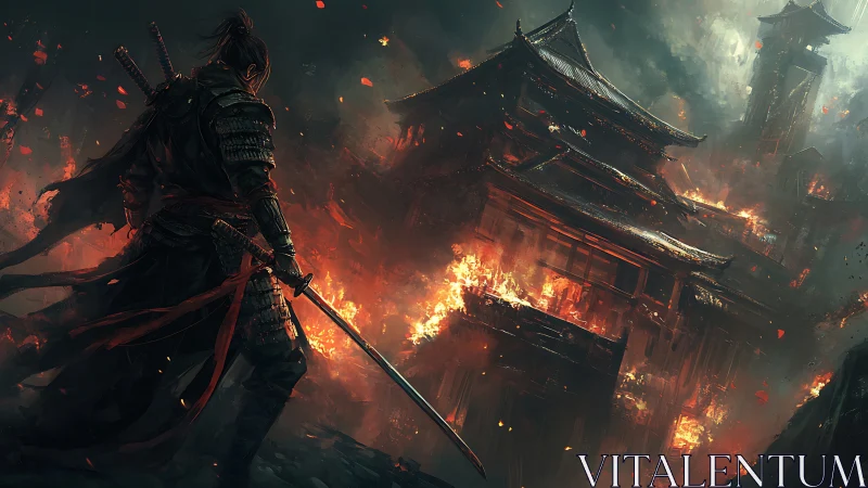 Lone samurai observes burning fortress under dark sky.