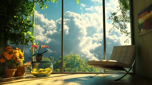 Interior corner with chair, plants and large sky window.