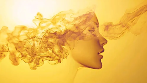 Surreal Profile of Woman with Flowing Smoke in Golden Tones.