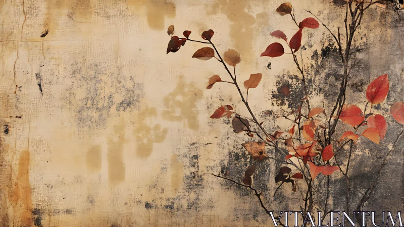 Textured beige wall with autumnal red foliage silhouette print