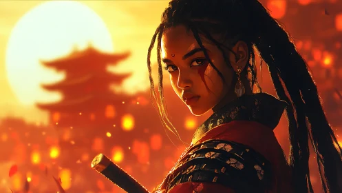Female warrior with sword before lanterns and pagoda at dusk.