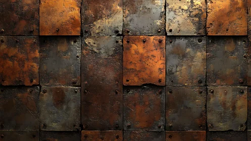 Weathered metal wall texture with riveted rusty panels, industrial style.