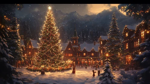 Snow-covered village square contains illuminated Christmas tree