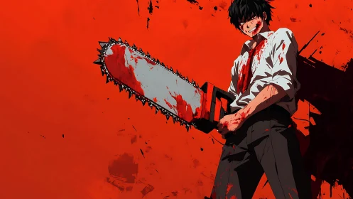 Blood-soaked anime figure wields chainsaw against flat red field