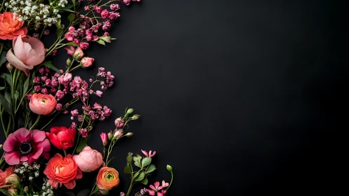Floral arrangement on dark background with pink and coral flowers.