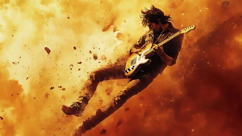 Rock guitarist explodes through fiery orange cinematic blast
