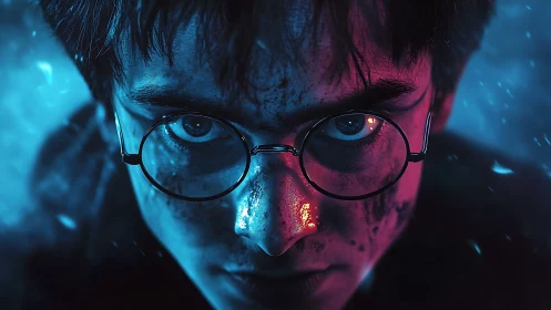 Stormlit young sorcerer locks eyes with the glowing void