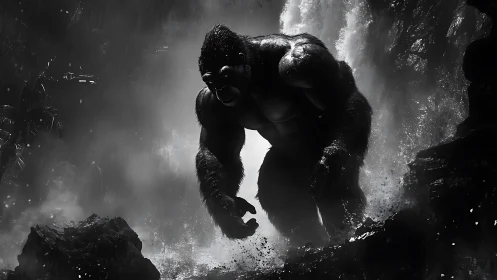 Majestic jungle giant emerging through stormy waterfall mist.