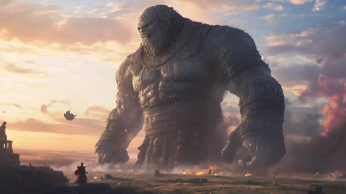 Colossal stone titan strides across burning twilight plain