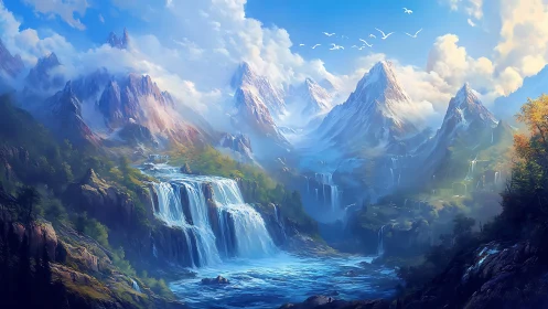 Sunlit alpine waterfalls cascade through vast blue valley