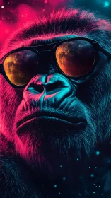 Neon-lit gorilla in sunglasses stares through cosmic reflections