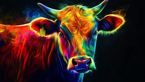 Colorful cow portrait glowing with playful neon warmth.