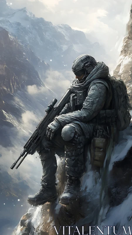 Lone tactical soldier rests on a sheer icy mountain ledge