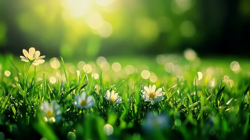 Sunlit daisies whispering in bokeh-kissed morning grass.