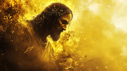 Golden ethereal portrait renders contemplative robed figure