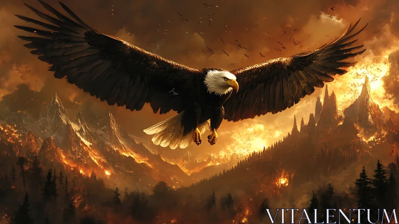 Majestic Bald Eagle Soaring Above Fiery Mountains in Dramatic Art.