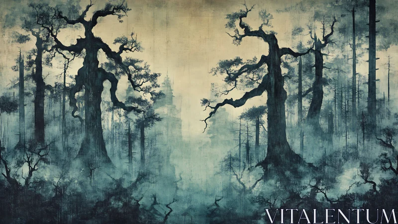 Ancient twin forest guardians loom in alchemical dawn mist.