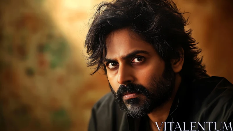 Intense bearded man meets the camera with thoughtful focus