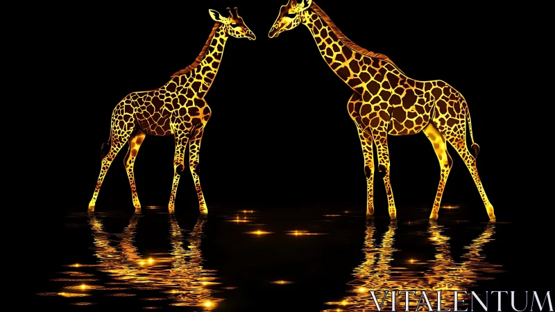 Glowing giraffes stand mirrored over dark reflective water