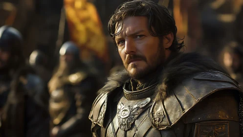 Brooding medieval knight stands armored amid tense battlefield
