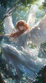 Luminous-winged forest seraph in volumetric sunlight drift.