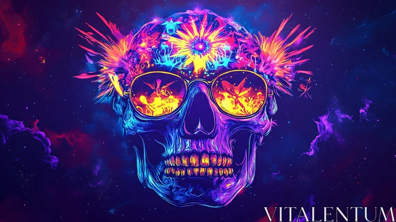Neon-luminous skull portrait with explosive spectral chroma design.