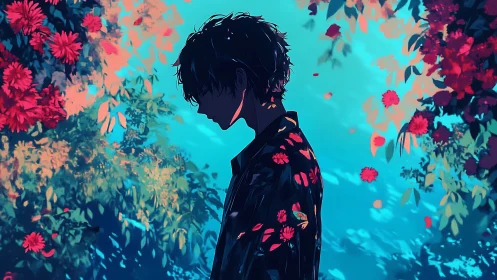 Silhouetted dreamer wandering through a neon painted garden.